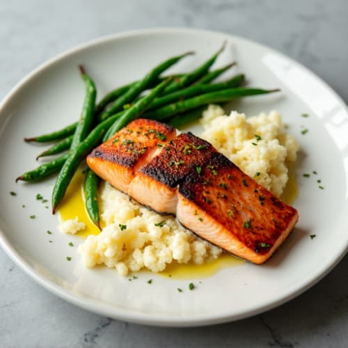 Seared Salmon with Garlic Green Beans and Cauliflower Mash