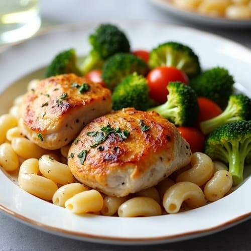 Herb-Roasted Chicken Thighs with Pasta and Mixed Vegetables