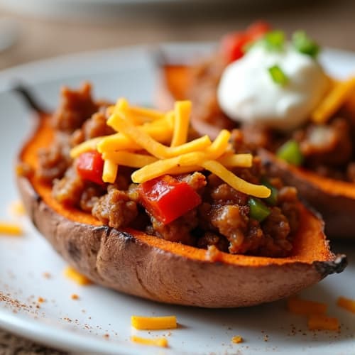 Crispy Loaded Sweet Potato Skins with Turkey Chili