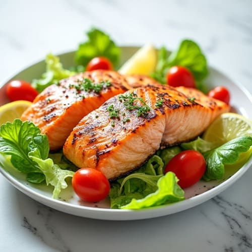 Grilled Salmon Salad with Crisp Romaine and Cherry Tomatoes