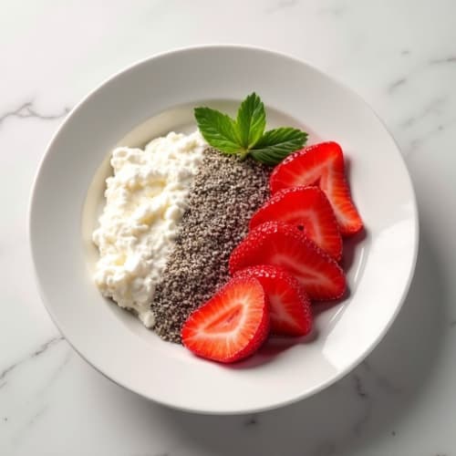 Low-Fat Cottage Cheese with Chia Seeds and Sliced Strawberries