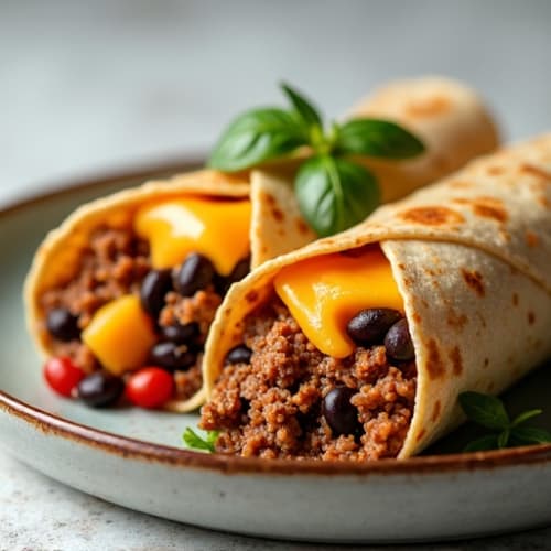 Spicy Lean Ground Beef and Black Bean Cheesy Baked Wraps