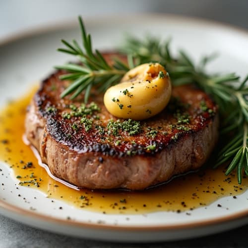 Herb-Crusted Pan Seared Steak with Roasted Garlic