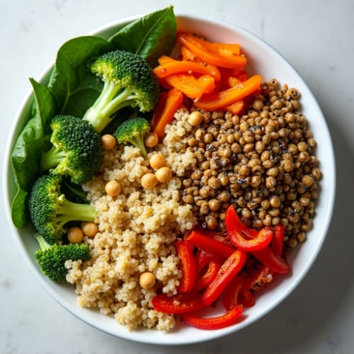 Crispy Lentil Quinoa Power Bowl with Roasted Vegetables