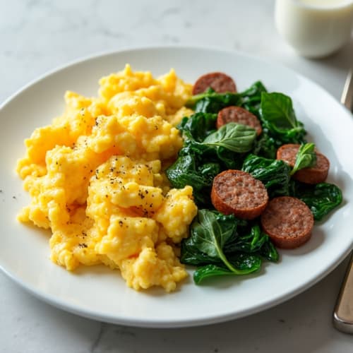 Creamy Scrambled Eggs with Turkey Sausage and Sautéed Spinach