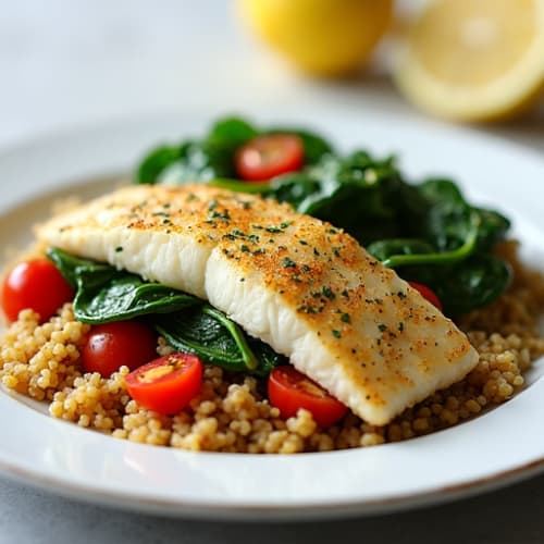 Lemon-Herb Crusted Pan Seared Tilapia with Sautéed Spinach, Cherry Tomatoes, and Quinoa