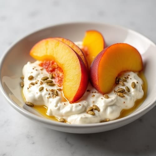 Cottage Cheese with Sliced Peaches and Toasted Pumpkin Seeds