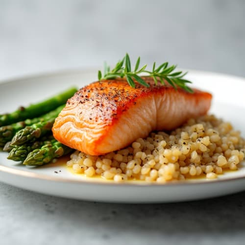 Seared Salmon with Steamed Asparagus and Brown Rice