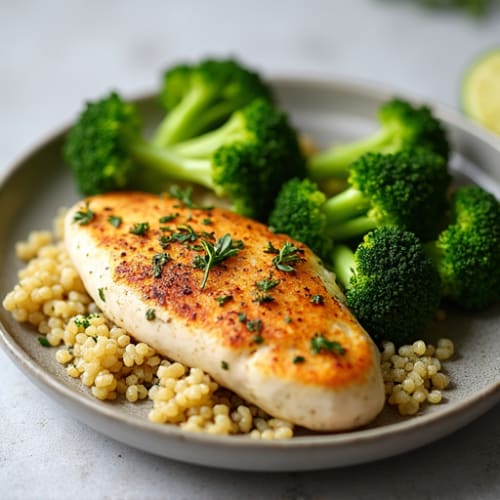 Herb-Roasted Chicken Breast with Steamed Broccoli and Quinoa