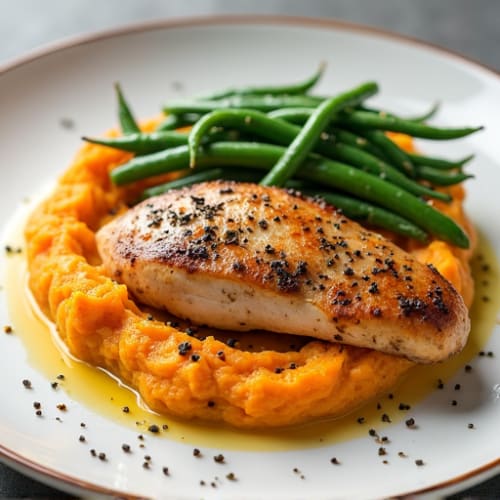Seared Chicken Breast with Garlic Green Beans and Sweet Potato Mash