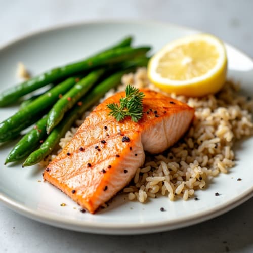 Seared Salmon with Garlic Green Beans and Brown Rice