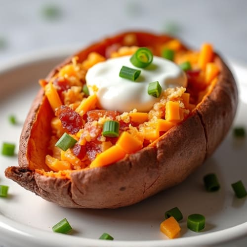 Crispy Bacon-Cheddar Twice Baked Sweet Potatoes