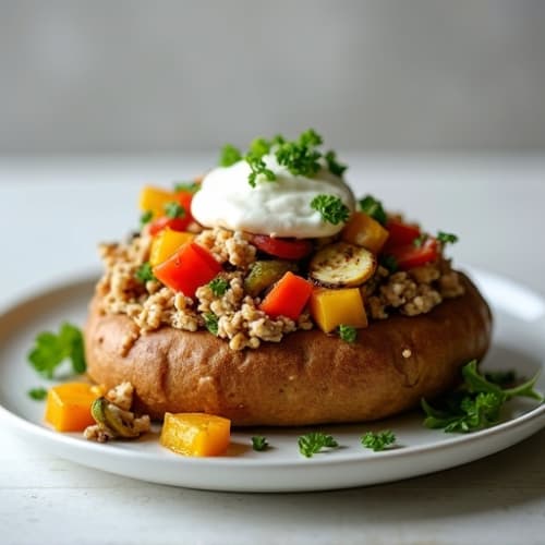 Healthy Loaded Baked Potato with Lean Ground Turkey and Roasted Vegetables