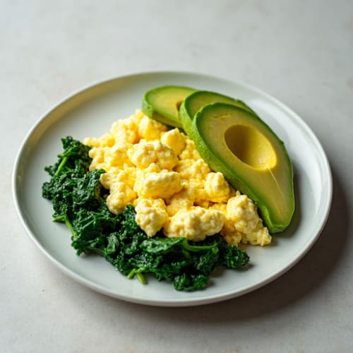 Scrambled Eggs with Cottage Cheese and Sautéed Spinach with Avocado