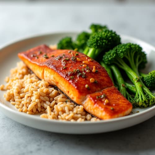 Sweet-Spicy Glazed Salmon with Jasmine Rice and Ginger Broccolini