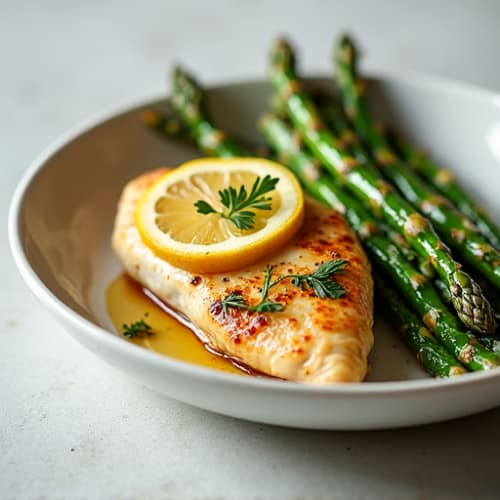 Lemon Garlic Pan Seared Chicken with Roasted Asparagus