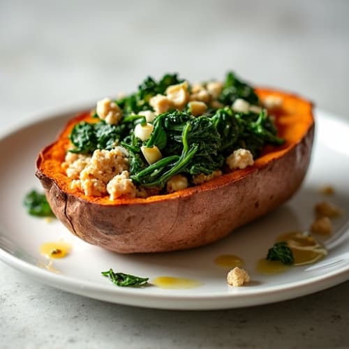 Stuffed Sweet Potato with Lean Ground Turkey and Sautéed Spinach