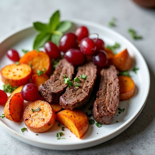 Seared Lean Beef Strips with Roasted Sweet Potato and Grapes
