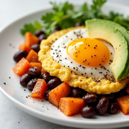Egg White and Black Bean Scramble with Roasted Sweet Potato
