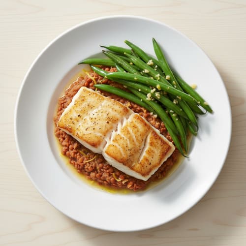 Seared Cod with Garlic Green Beans and Lentil Mash