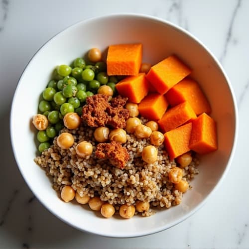 Roasted Sweet Potato Quinoa Bowl with Crispy Chickpeas and Tempeh