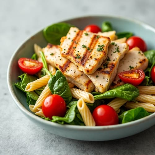 Grilled Chicken Pasta Salad with Spinach and Cherry Tomatoes