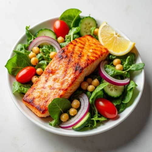 Grilled Salmon Salad with Crunchy Greens and Chickpeas
