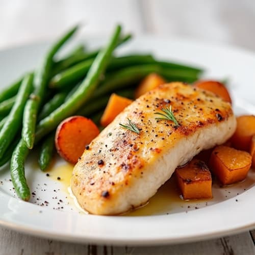Seared Chicken Breast with Roasted Sweet Potatoes and Green Beans