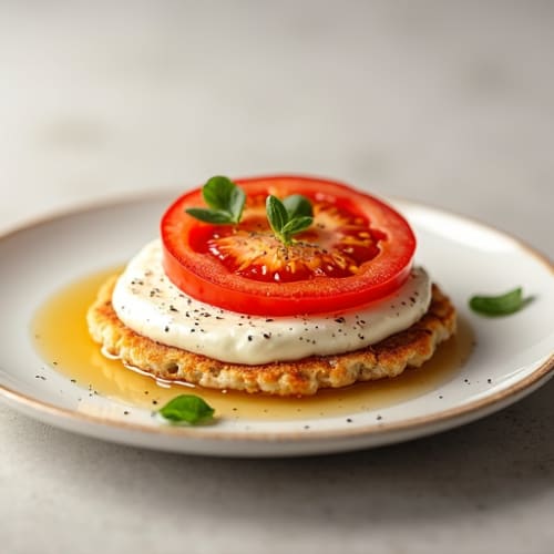 Crispy Cottage Cheese Rice Cakes with Sliced Tomato