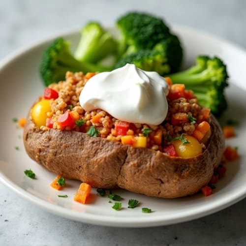 Crispy Baked Potato with Lean Ground Turkey, Steamed Broccoli, and ...