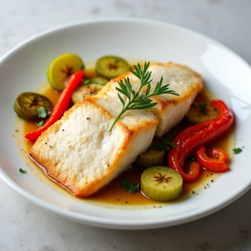 Flaked Salted Cod with Tender Steamed Green Banana and Sautéed Bell Peppers