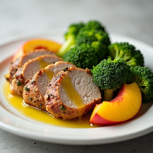 Herb-Roasted Pork Tenderloin with Steamed Broccoli and Peach Slices