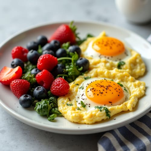 Scrambled Eggs with Roasted Vegetables and Fresh Berries