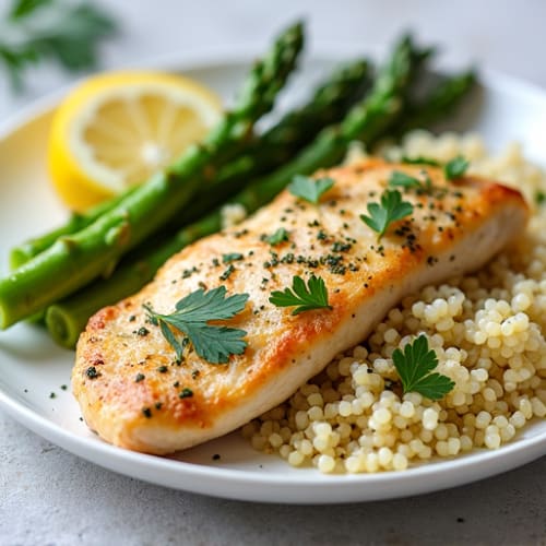 Lemon Herb Chicken Breast with Steamed Asparagus and Quinoa