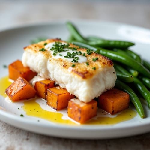 Baked Cod with Roasted Sweet Potatoes and Green Beans