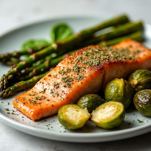Herb-Crusted Salmon with Roasted Brussels Sprouts and Garlic Asparagus
