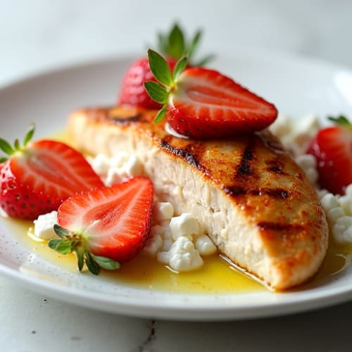 Grilled Chicken Breast with Cottage Cheese and Sliced Strawberries
