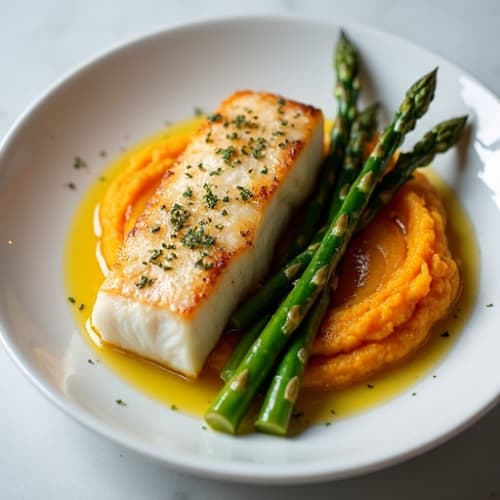 Seared Cod with Roasted Asparagus and Sweet Potato Mash