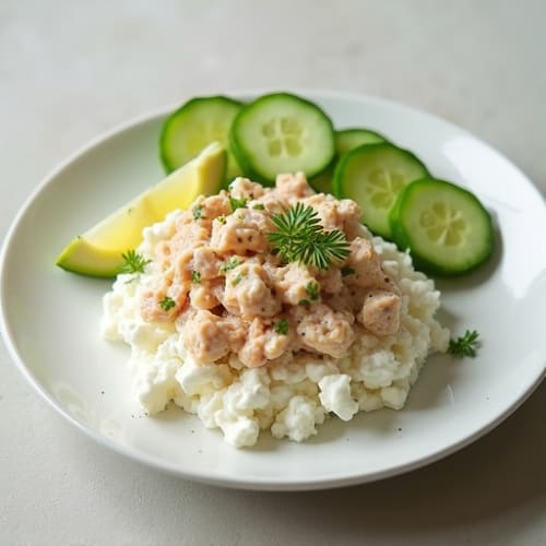 Cottage Cheese with Canned Tuna and Sliced Cucumbers