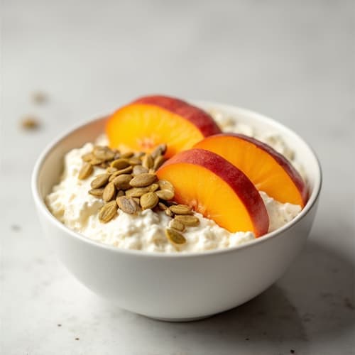 Cottage Cheese Bowl with Sliced Peaches and Pumpkin Seeds
