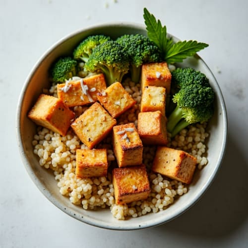 Crispy Tofu and Quinoa Power Bowl with Roasted Broccoli and Tahini Drizzle