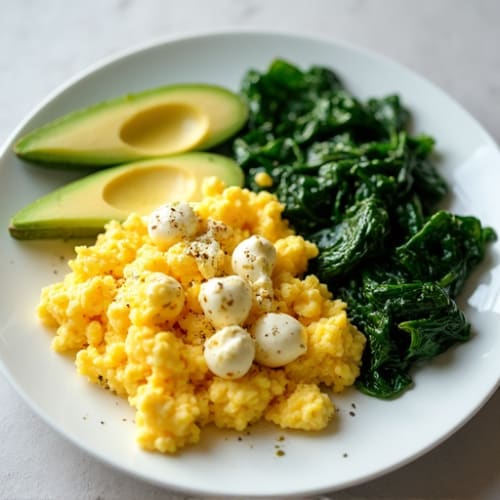 Scrambled Eggs with Cottage Cheese and Sautéed Spinach