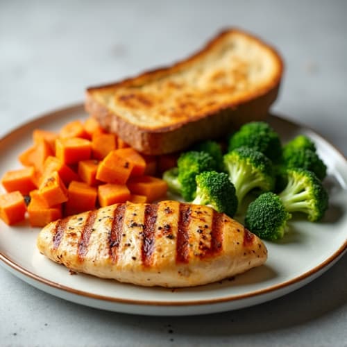 Grilled Chicken with Roasted Sweet Potatoes, Steamed Broccoli, and Toasted Ezekiel Bread
