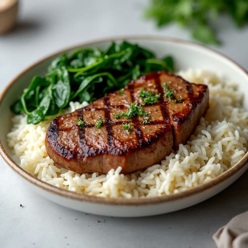 Seared Lean Beef Steak with Steamed White Rice and Sautéed Greens