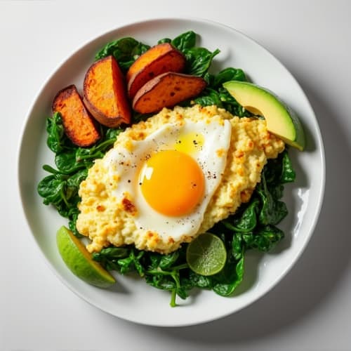 Egg White Spinach Scramble with Roasted Sweet Potatoes