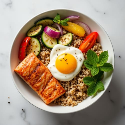Grilled Salmon Quinoa Bowl with Roasted Vegetables