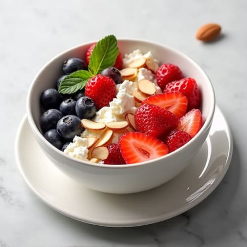 Cottage Cheese Bowl with Sliced Fruit and Almonds