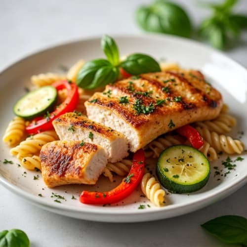Grilled Chicken with Roasted Peppers and Veggie Pasta