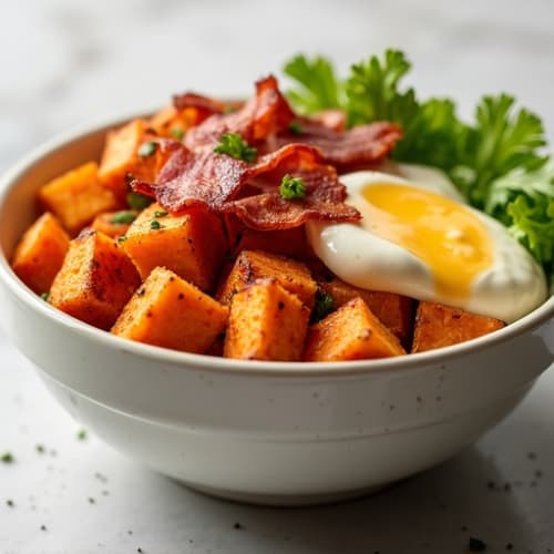 Crispy Sweet Potato Loaded Bowl with Lean Bacon and Creamy Cheese Sauce