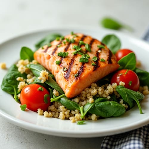 Grilled Salmon Salad with Quinoa and Spinach